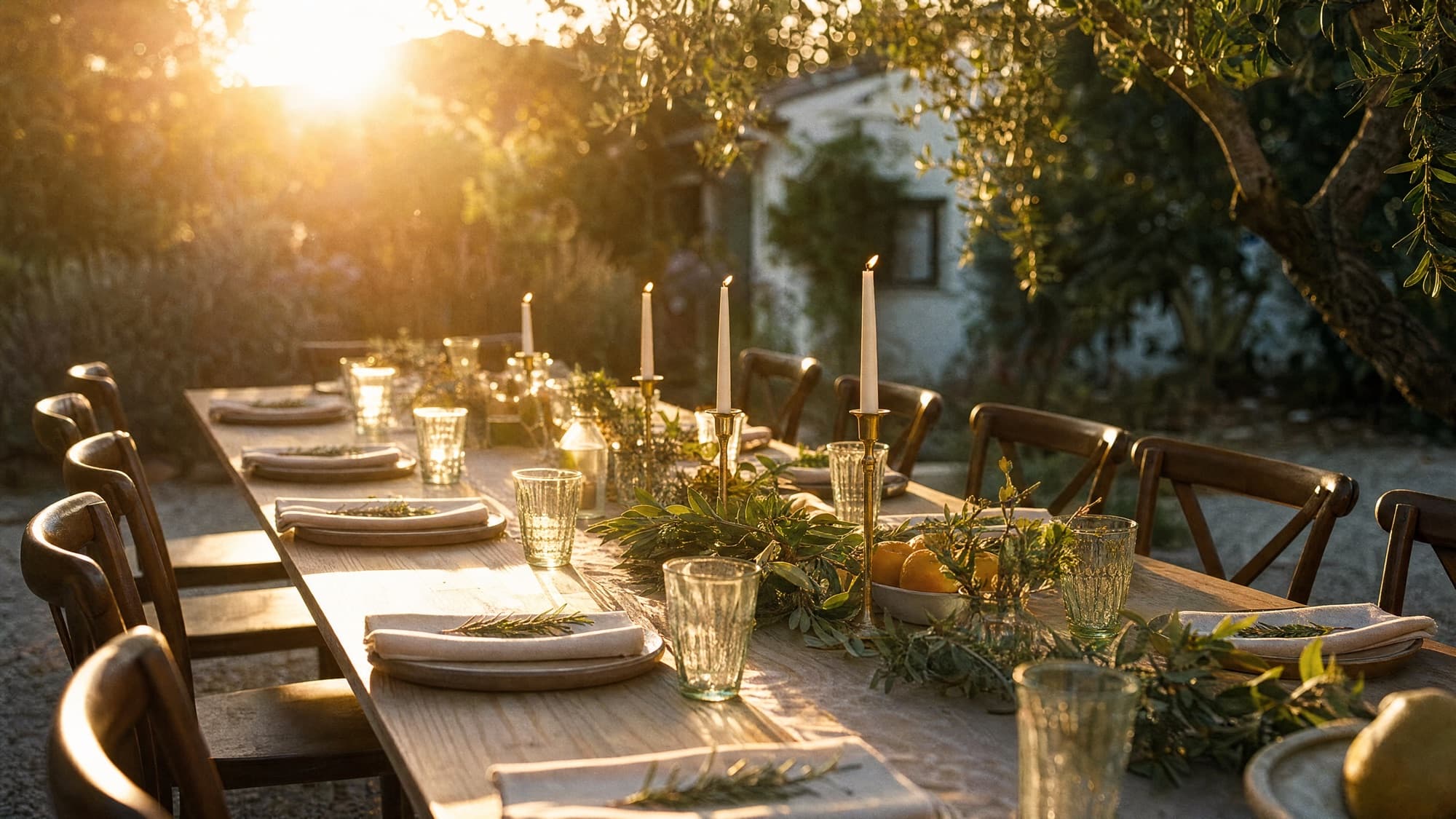 An outdoor celebration table at golden hour with candles and greenery