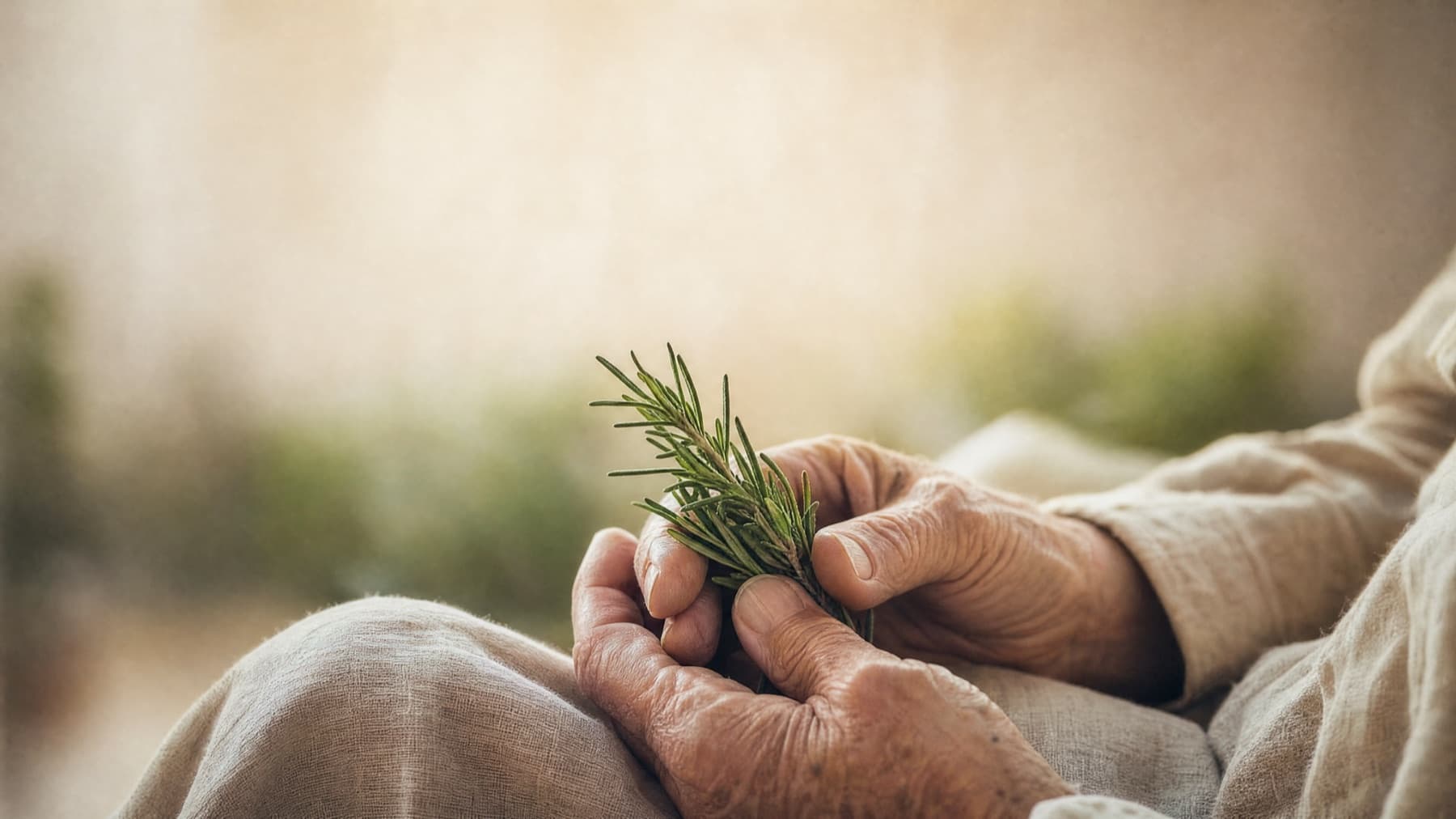 Older hands gently holding a sprig of rosemary